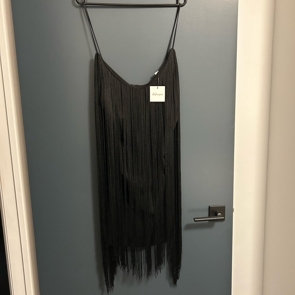 Black Fringe Tassel Thick Midi Dress Stretchy Spaghetti Straps Revamped XL Large